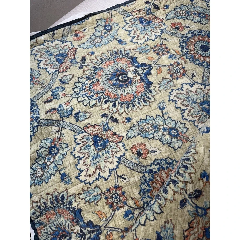 Waverly King Quilt Blue Floral Medallion Reversible Cotton Cottage Farmhouse
